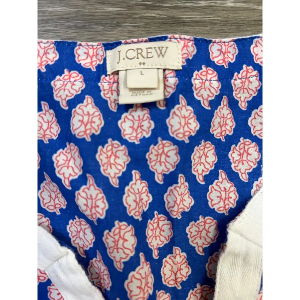 J. Crew Blue Pink Paisley Floral Tunic Top Large Boho Split Neck 3/4 Sleeve